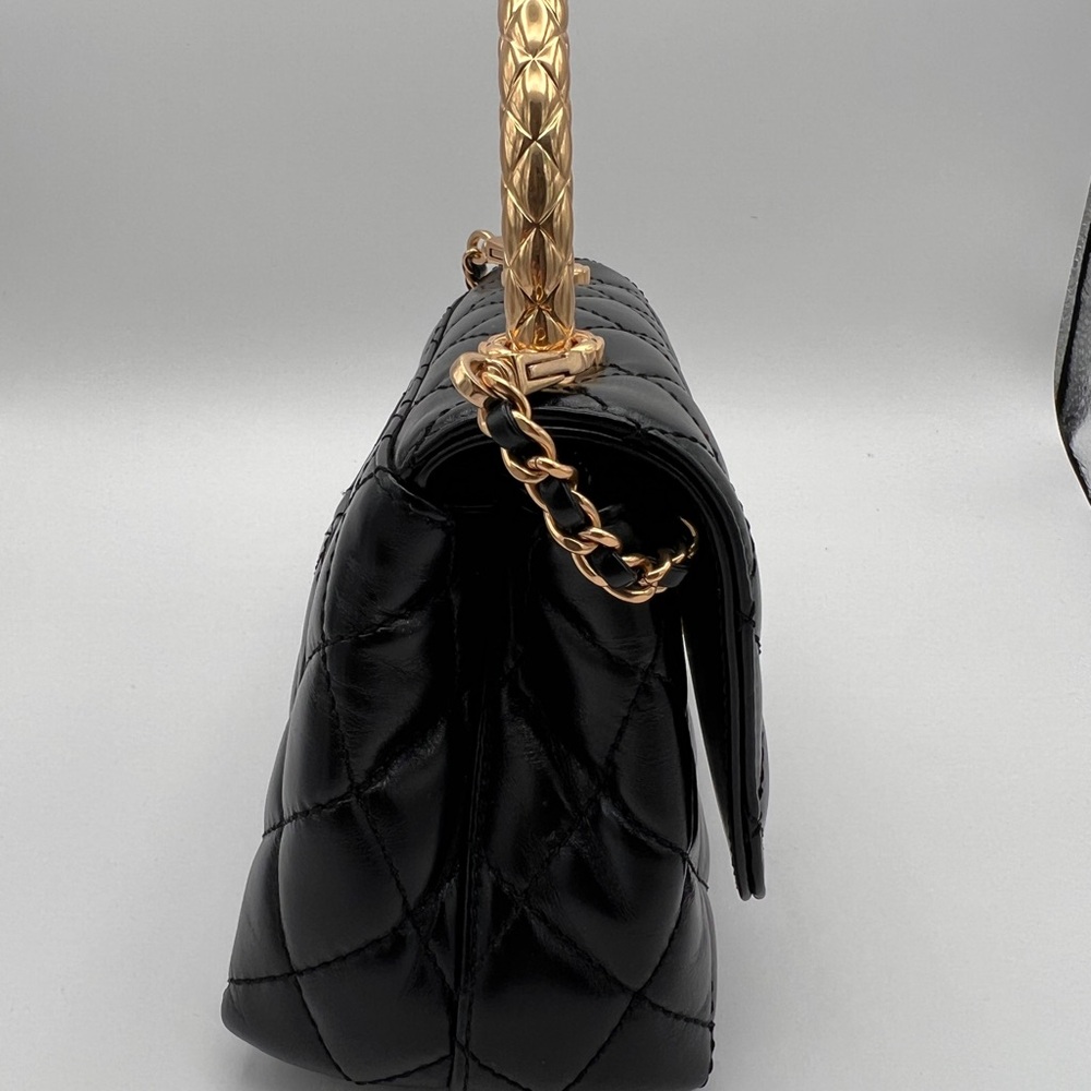 CHANEL Shiny Calfskin Quilted Mini Coco Chain Gold Handle Flap Black Bag - Picture 12 of 16